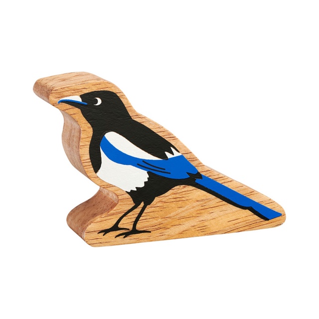 A chunky wooden magpie toy figure in profile with a natural wood edge