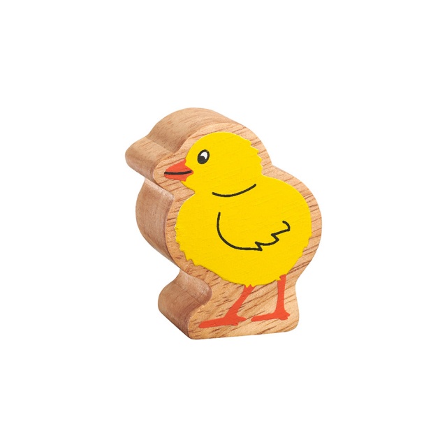 A chunky wooden chick toy figure in profile with a natural wood edge