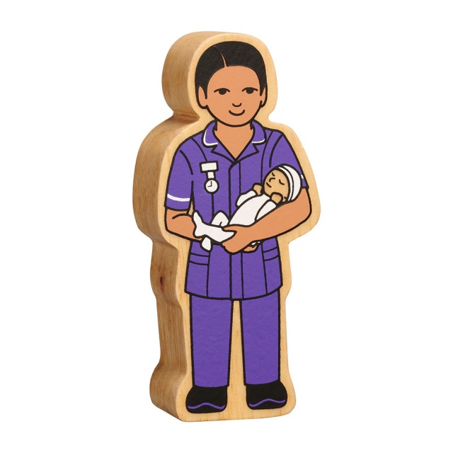 A chunky wooden purple midwife toy figure with a natural wood edge