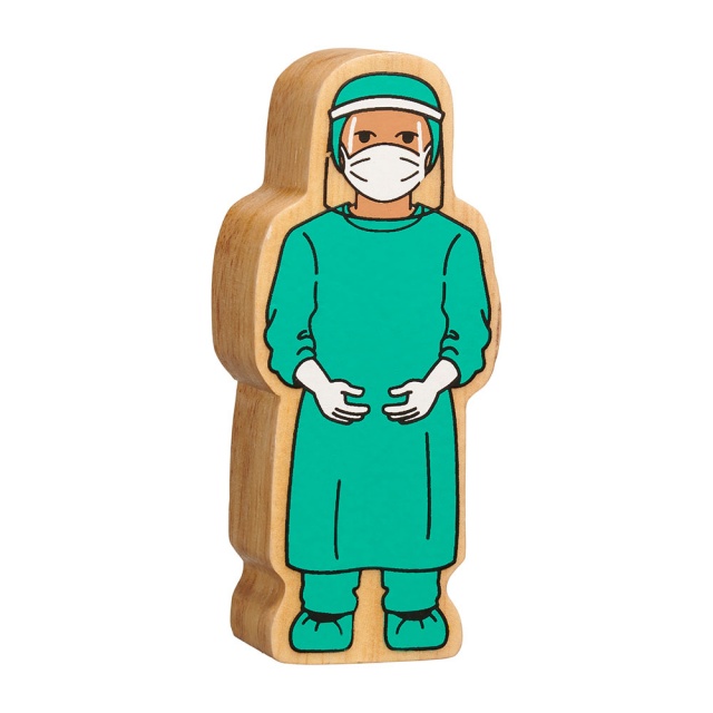 A chunky wooden turquoise surgeon toy figure with a natural wood edge