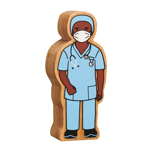 A chunky wooden blue nurse in scrubs toy figure with a natural wood edge