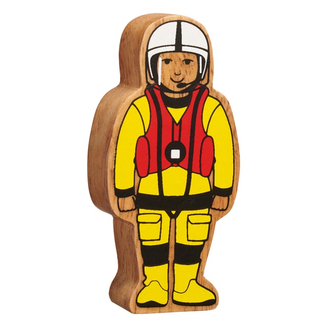 A chunky wooden yellow sea rescue toy figure with a natural wood edge