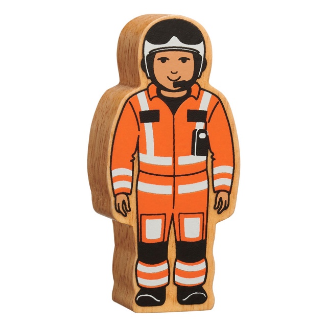 A chunky wooden orange air rescue toy figure with a natural wood edge