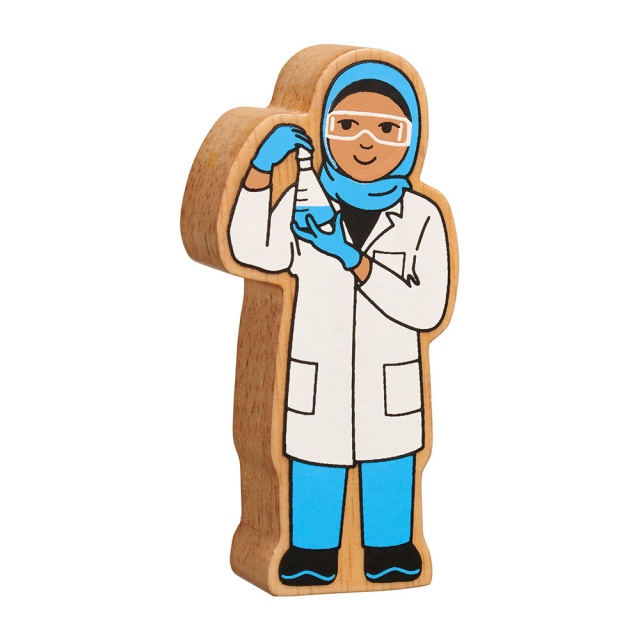 A chunky wooden blue and white scientist toy figure with a natural wood edge