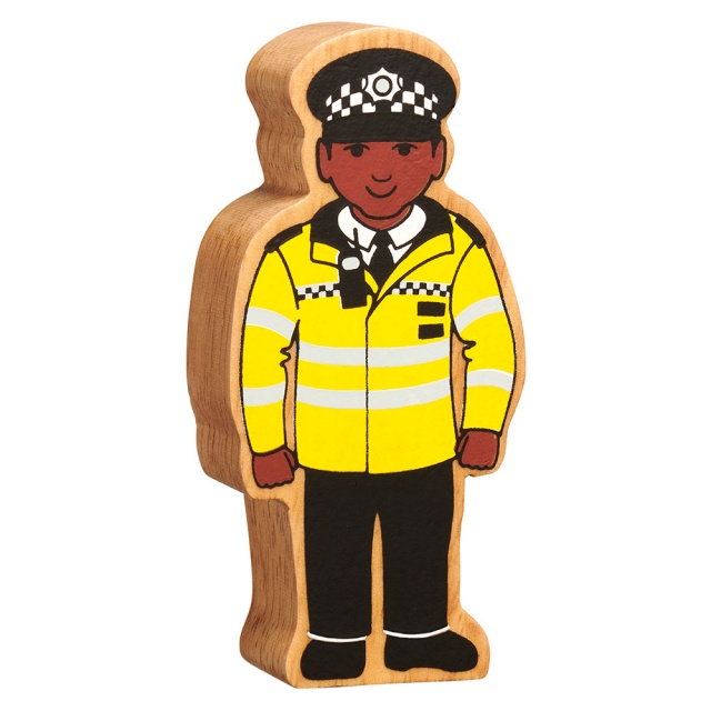 A chunky wooden yellow and black policeman toy figure with a natural wood edge