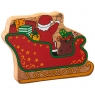 Reverse of a chunky wooden Father Christmas in a Sleigh toy figure in profile with a natural wood ed