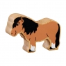 A chunky wooden brown shetland pony toy figure in profile