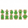 Twelve wooden toy green characters stacked showing emotions