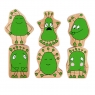 Six wooden toy green characters stacked showing emotions