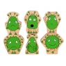 Six wooden toy green characters stacked showing emotions