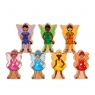 A stack of wooden toy rainbow fairy characters in profile