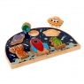 Childresn wooden toy space shape sorter tray with six removable colourful space characters stood up