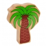 A chunky wooden green tropical tree toy figure with a natural wood edge