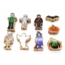 Birds eye view of childrens wooden Halloween playset existing of 9 pieces.
