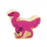 A chunky wooden pink caudipteryx dinosaur toy figure with a natural wood edge