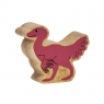 A chunky wooden pink caudipteryx dinosaur toy figure with a natural wood edge