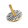 A natural wood animal print spinning top, featuring a black and white zebra print design.
