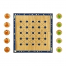 A wooden board game with 10 alien and rocket game pieces