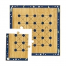 A wooden board game with 10 alien and rocket game pieces