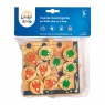 A wooden board game is shown in its packaging, a net bag with colurful card sleeve
