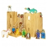 Natural wood castle playscene with lowered drawbridge and 12 wooden colourful characters