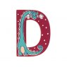 Sparkly pink wooden letter D with colourful dragon design hand screen printed on the front
