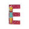 Sparkly pink wooden letter E with colourful Elf design hand screen printed on the front