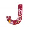 Sparkly pink wooden letter J with colourful Jester design hand screen printed on the front