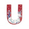 Sparkly pink wooden letter U with colourful Unicorn design hand screen printed on the front