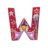 Sparkly pink wooden letter W with colourful Witch design hand screen printed on the front
