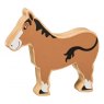 A chunky wooden brown horse toy figure in profile with a natural wood edge