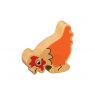 A chunky wooden orange chicken toy figure in profile with a natural wood edge