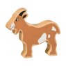 A chunky wooden brown goat toy figure in profile with a natural wood edge
