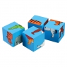 Four piece multicoloured world animal block puzzle showing varying parts of animals on each cube