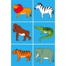 Image of animals on each side of block puzzle, crocodile, zebra, elephant, lion, tiger, gorilla