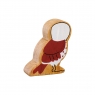 Reverse of chunky wooden brown andwhite owl toy figure with a natural wood edge