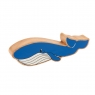 A chunky wooden painted blue whale toy figure in profile with a natural wood edge