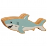 A chunky wooden painted grey shark toy figure in profile with a natural wood edge