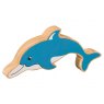 A chunky wooden painted blue dolphin toy figure in profile with a natural wood edge