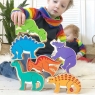 Set of six colourful wooden dinosaurs including T-Rex, Triceratops and Parasaurolophus in a stack