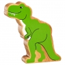 A wooden toy green t-rex dinosaur in profile with a natural wood grain edge