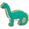 A wooden toy turquoise diplodocus dinosaur in profile with a natural wood grain edge