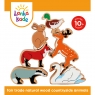 Set of six colourful countryside animals including badger, swan and rabbit balanced in a stack