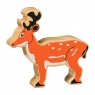A wooden toy orange fallow deer in profile with a natural wood grain edge