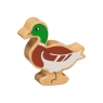A wooden toy green and brown duck in profile with a natural wood grain edge