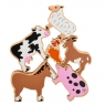 Set of six colourful wooden farm animals including chicken, horse and cow in a net bag
