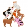 Set of six colourful wooden farm animals including pig, sheep and goat balanced in a stack