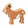 A wooden toy brown goat in profile with a natural wood grain edge