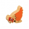 A wooden toy orange hen in profile with a natural wood grain edge