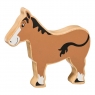 A wooden toy brown horse in profile with a natural wood grain edge